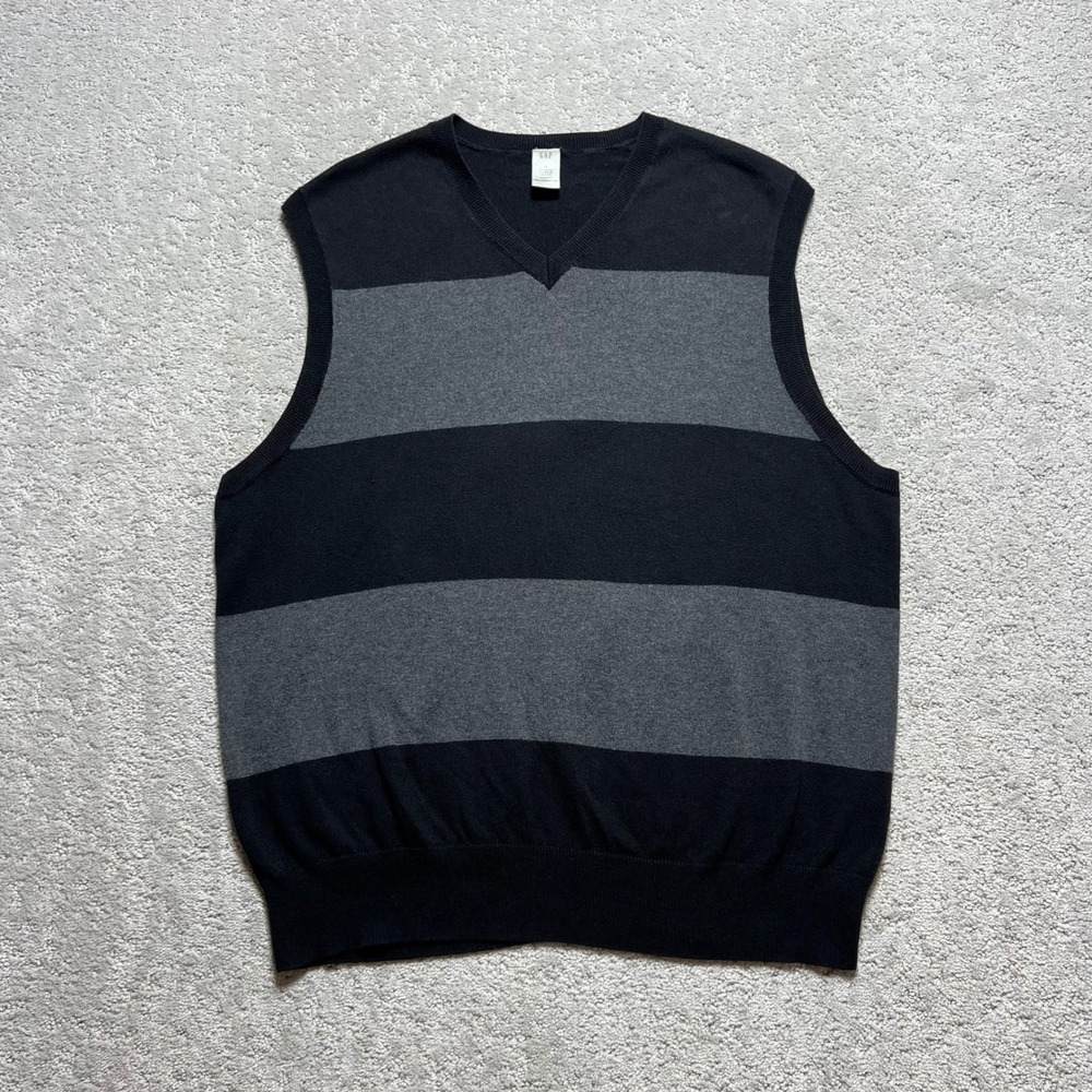 VINTAGE Gap Vest Womens XL Black Gray Striped V-Neck Cotton Nylon Silk‎ Blend